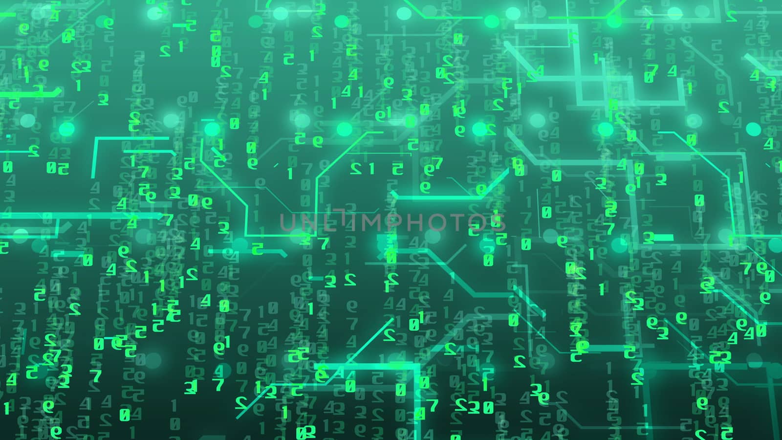 Abstract technology concept with numbers and circuit board imitation on a green background. Internet technology business concept. 3d rendering.