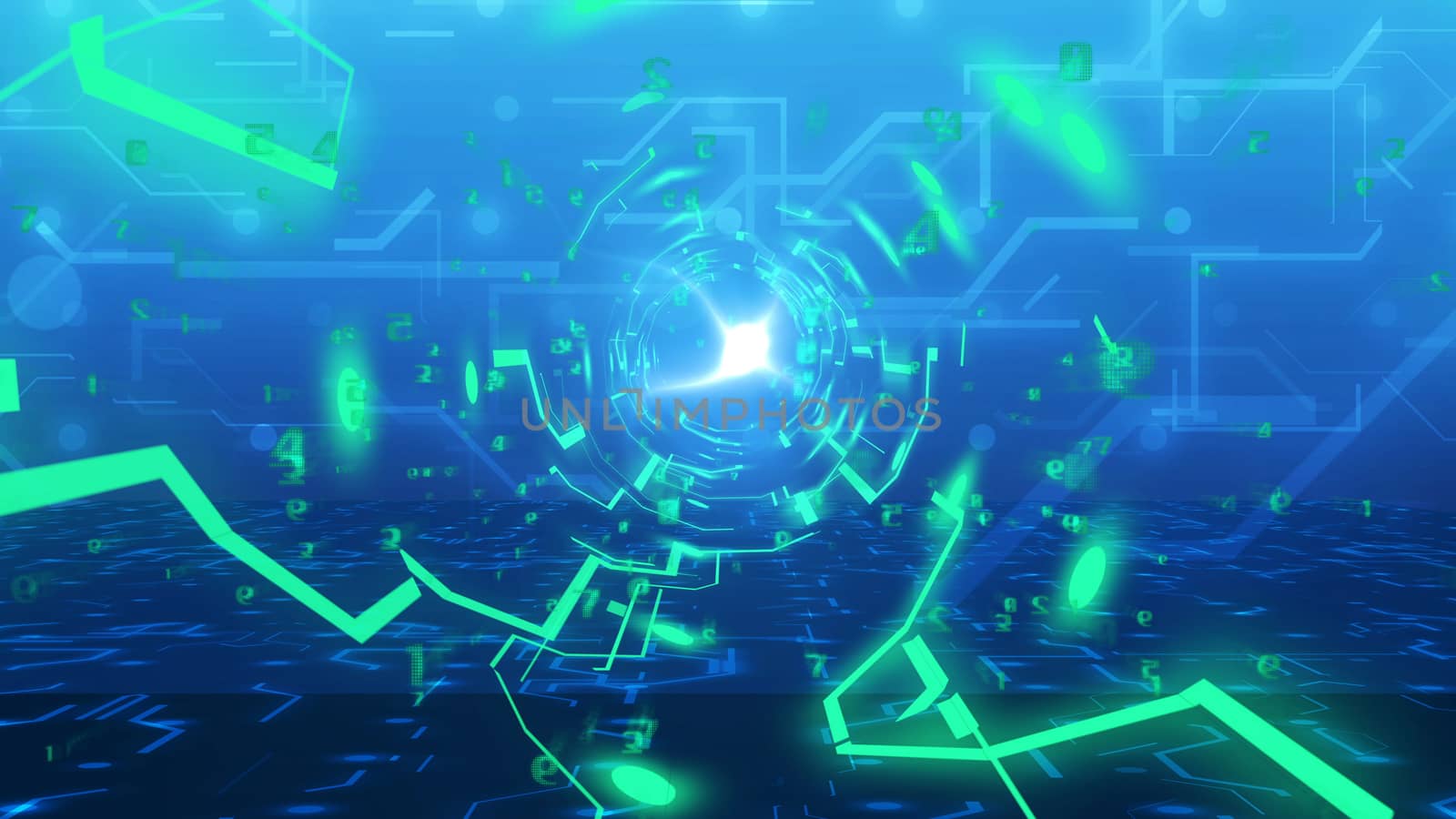 Abstract technology Tunnel from imitation of circuit board and digital numbers. Concept of Internet business in progress. 3d illustration.