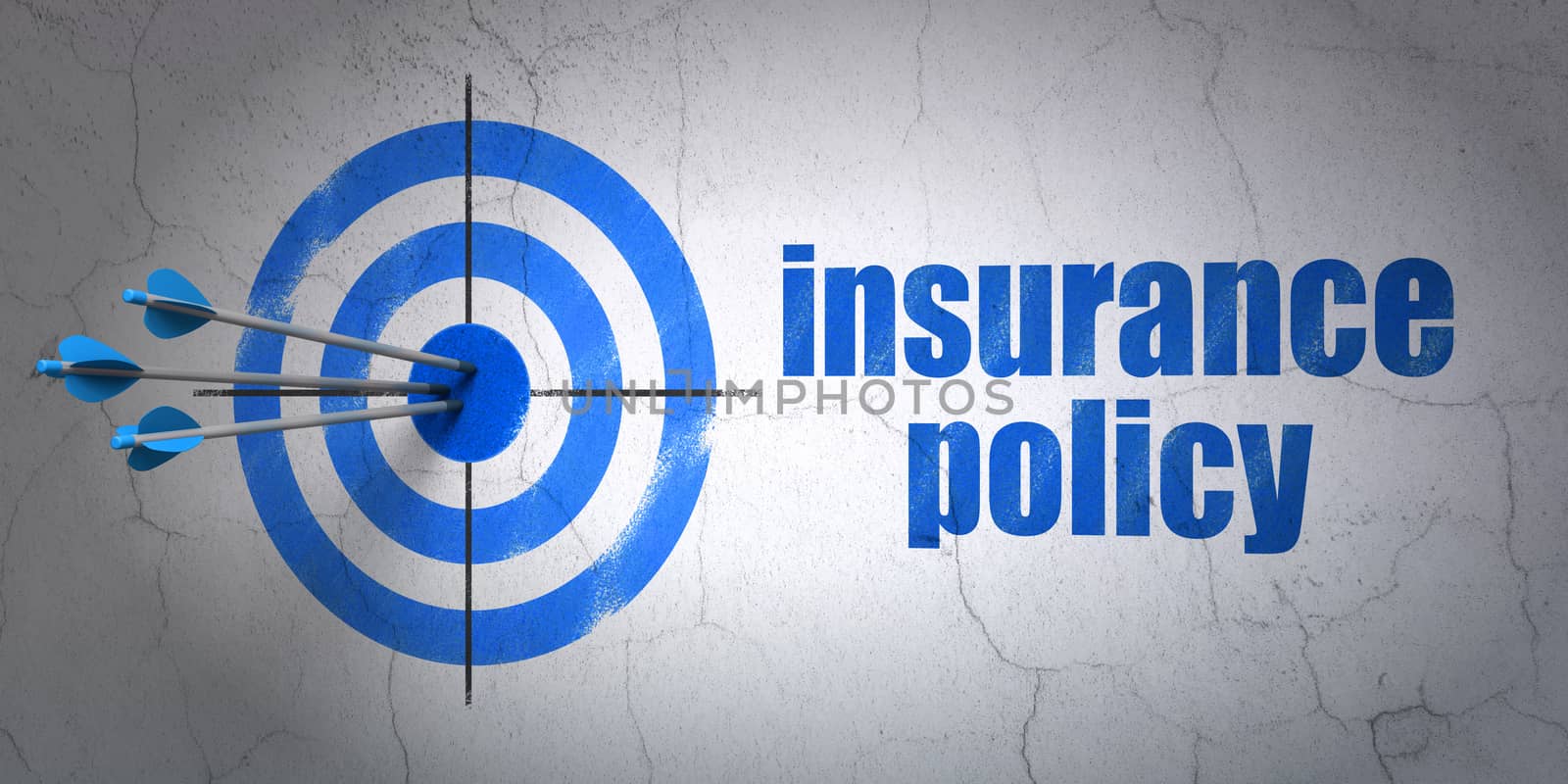 Success Insurance concept: arrows hitting the center of target, Blue Insurance Policy on wall background, 3D rendering