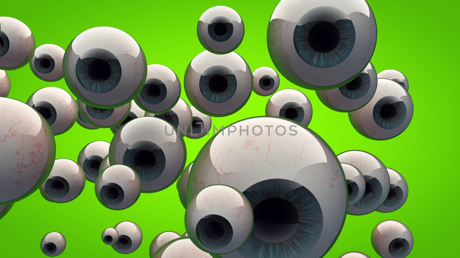 Big Brother watching you! 3d rendering of a group of eyeballs with different sizes and green background. 