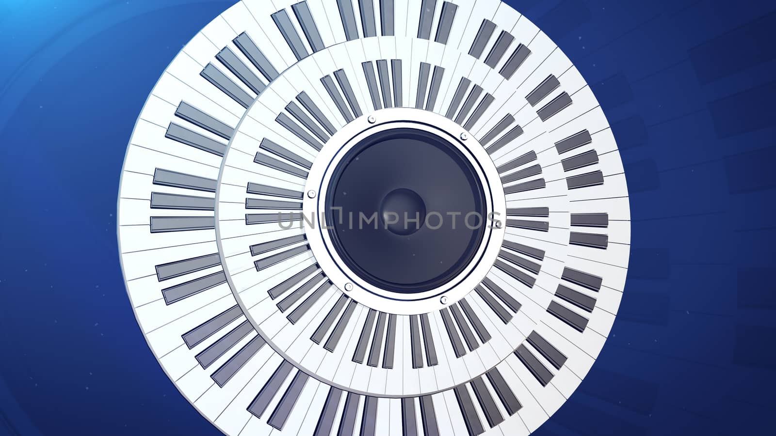3d rendering of abstract grand piano keys in a circle over an audio monitor. Music concept.
