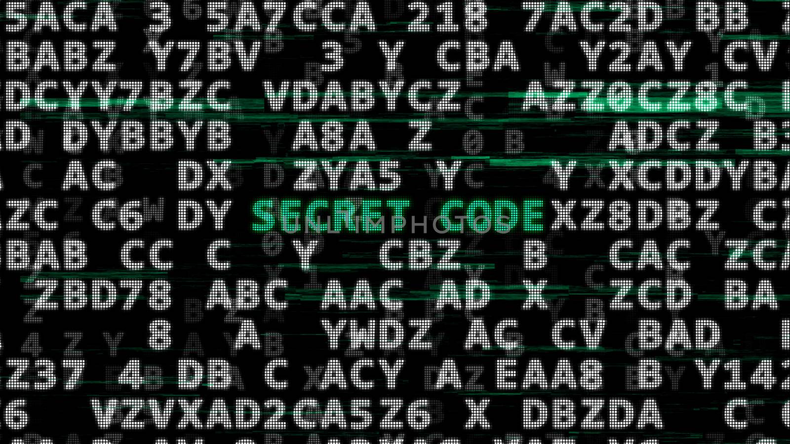 Green -Secret Code- between searching of abstract passwords screen. 3d illustration.