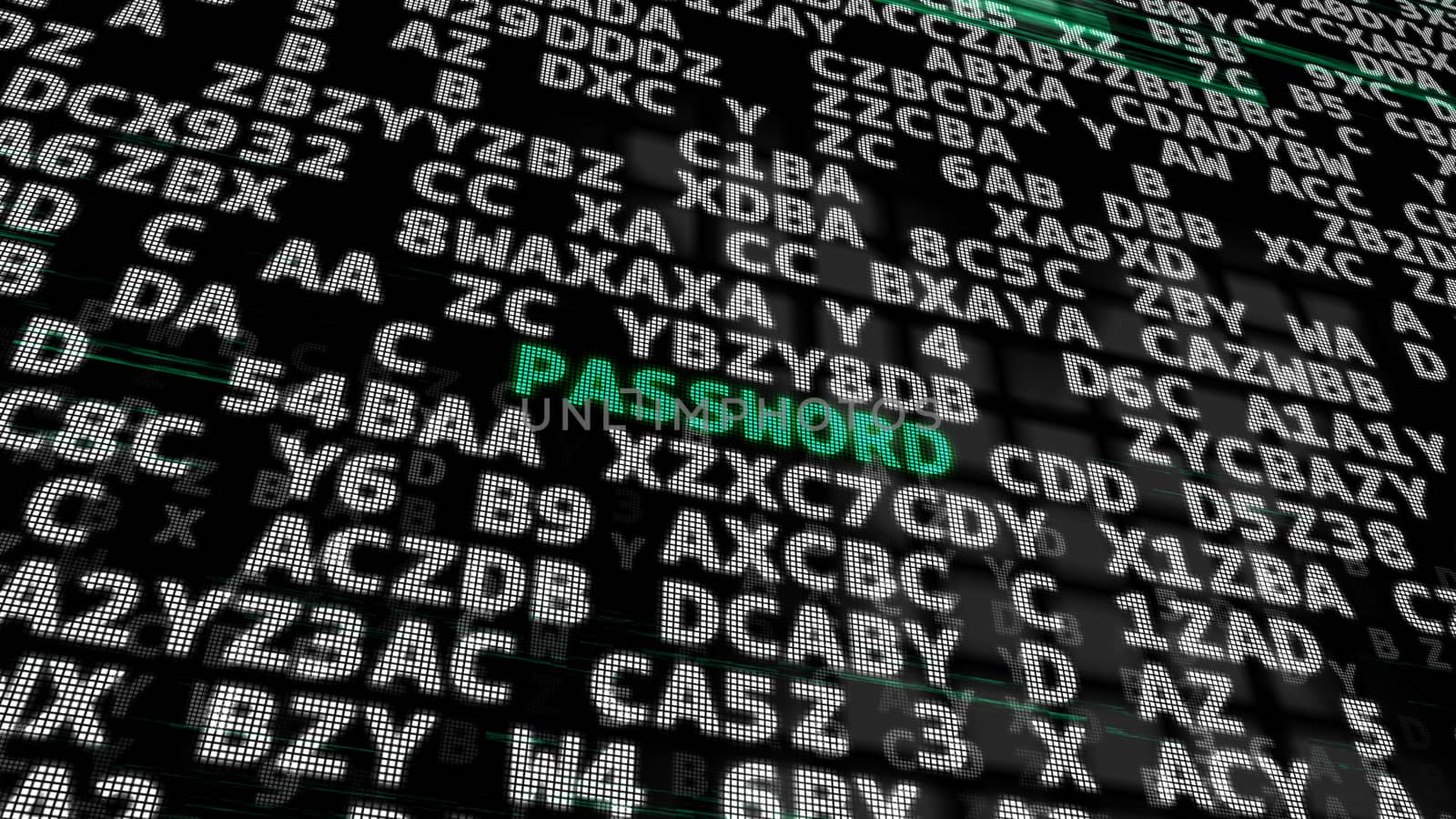 3d illustration. Green Word -Password- between searching of abstract passwords or combinations codes or confidential keys.