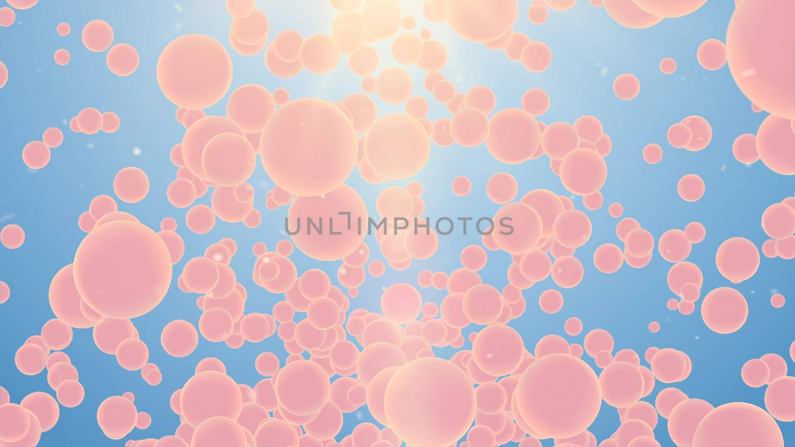 3d rendering of Many light spheres in the air with light blue background.