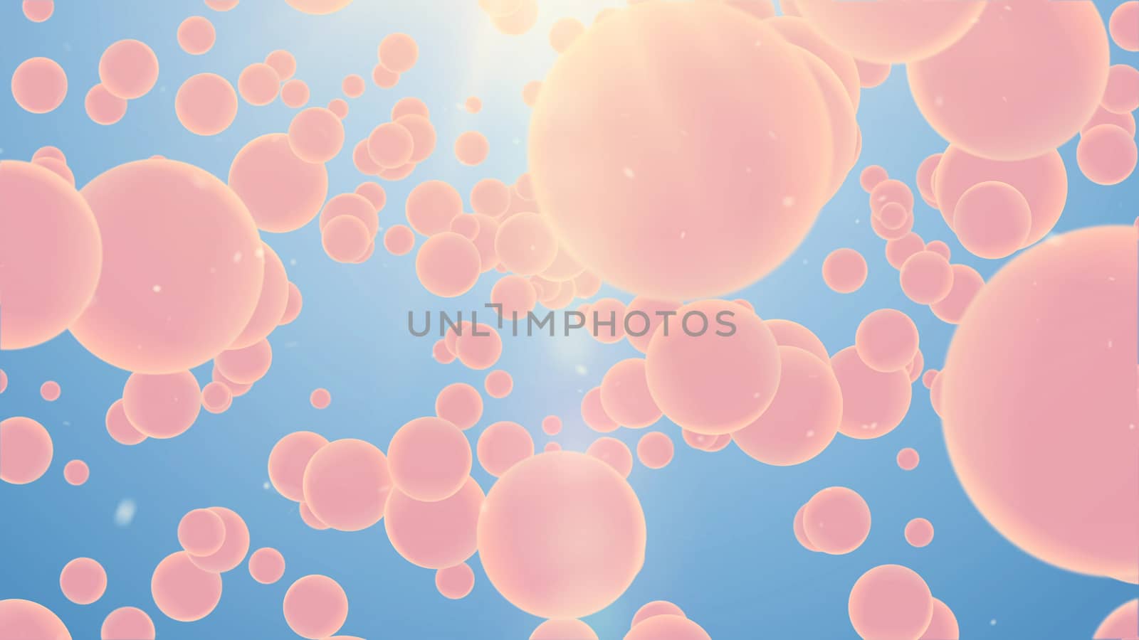 3d rendering of Many light spheres in the air with light blue background.