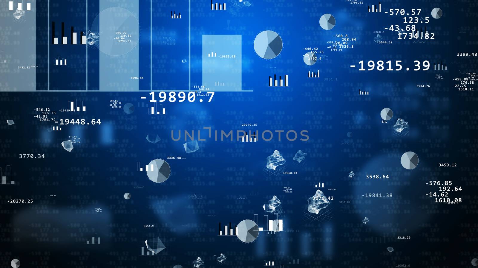 Abstract financial signs, charts, graphs on a blue background. Big business concept. 3d illustration.