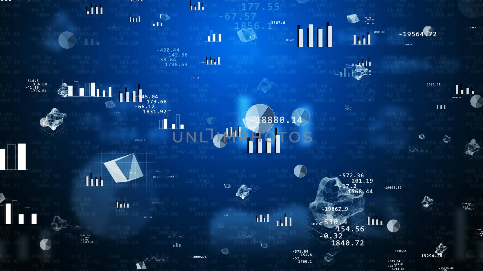 3d illustration. Big business concept. Abstract financial signs, charts, graphs on a blue background. 