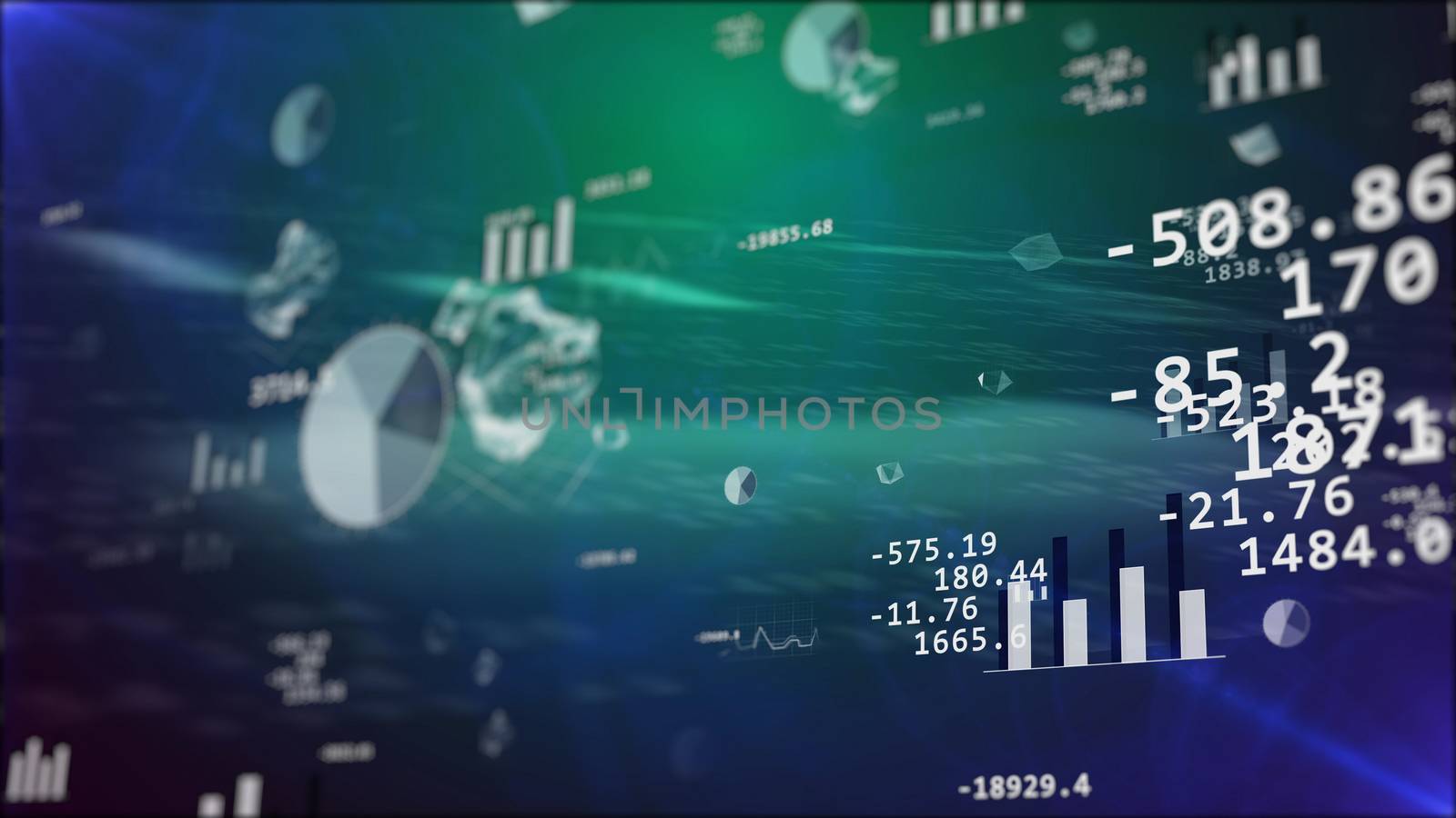 3d rendering of Business background with stock market elements: graph, bars, etc.