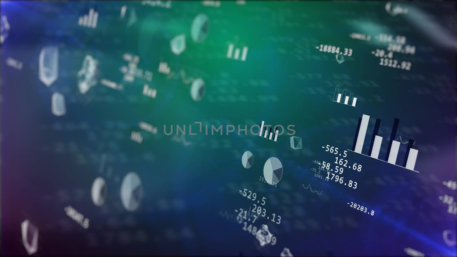 3d rendering of Business background with stock market elements: graph, bars, etc.