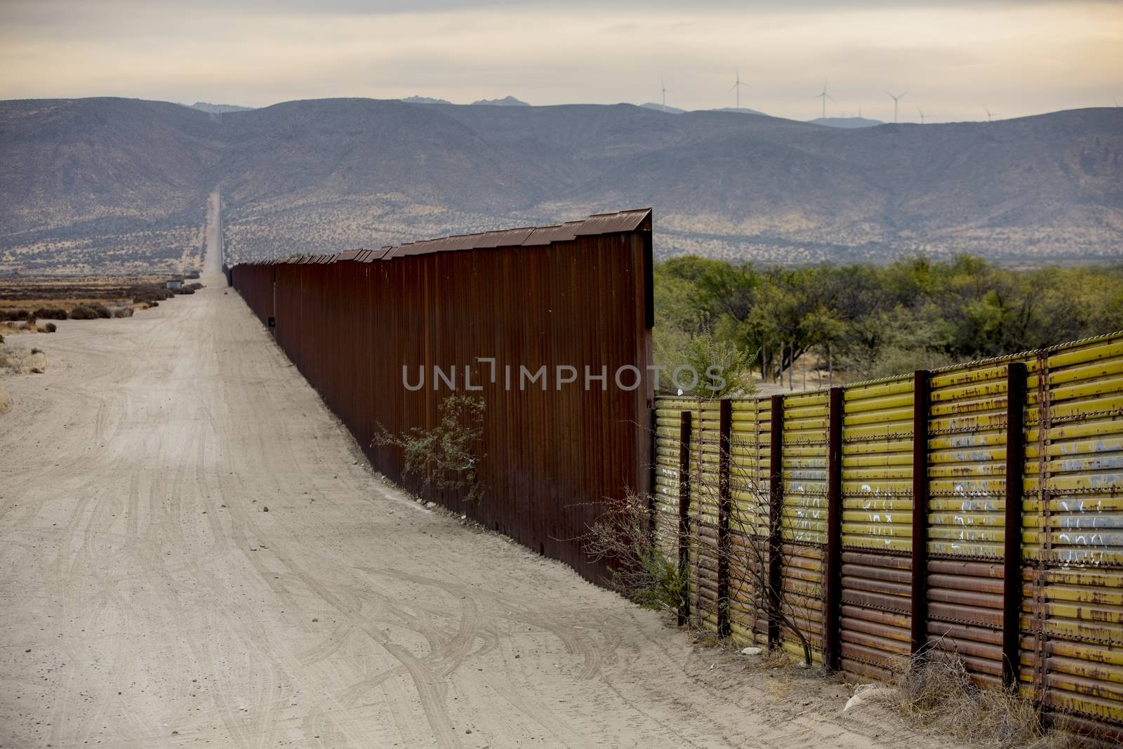 A lengthy section of the United States border wall with Mexico in California