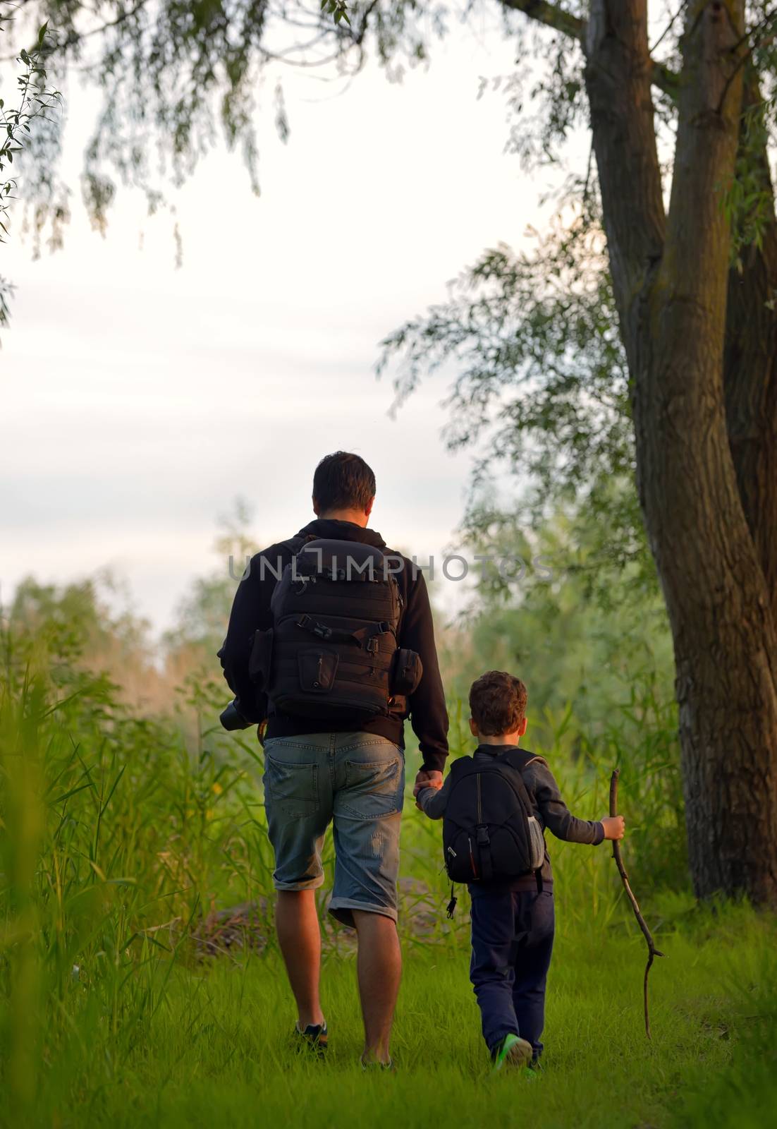 Father and son on path in forest