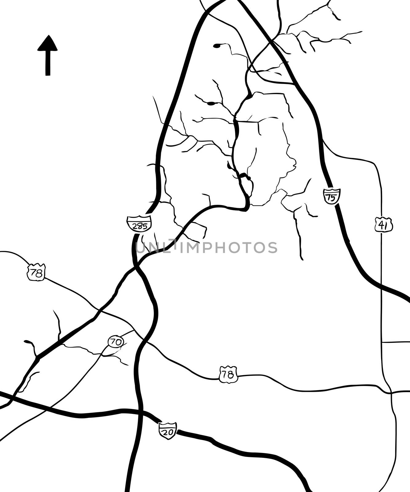 Chattahoochee River and various highways on outline map of Georgia, USA
