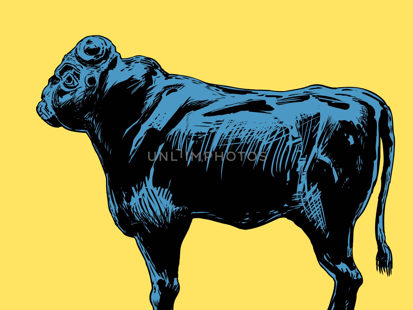 The ancient black stone bull idol representing the Akkadian King of the Gods over yellow background