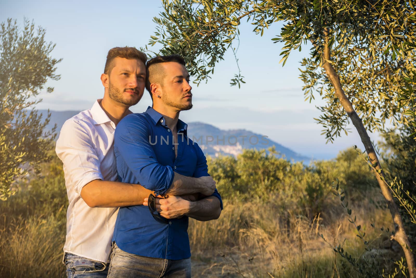 Happy adult gay couple embracing in nature in the evening.