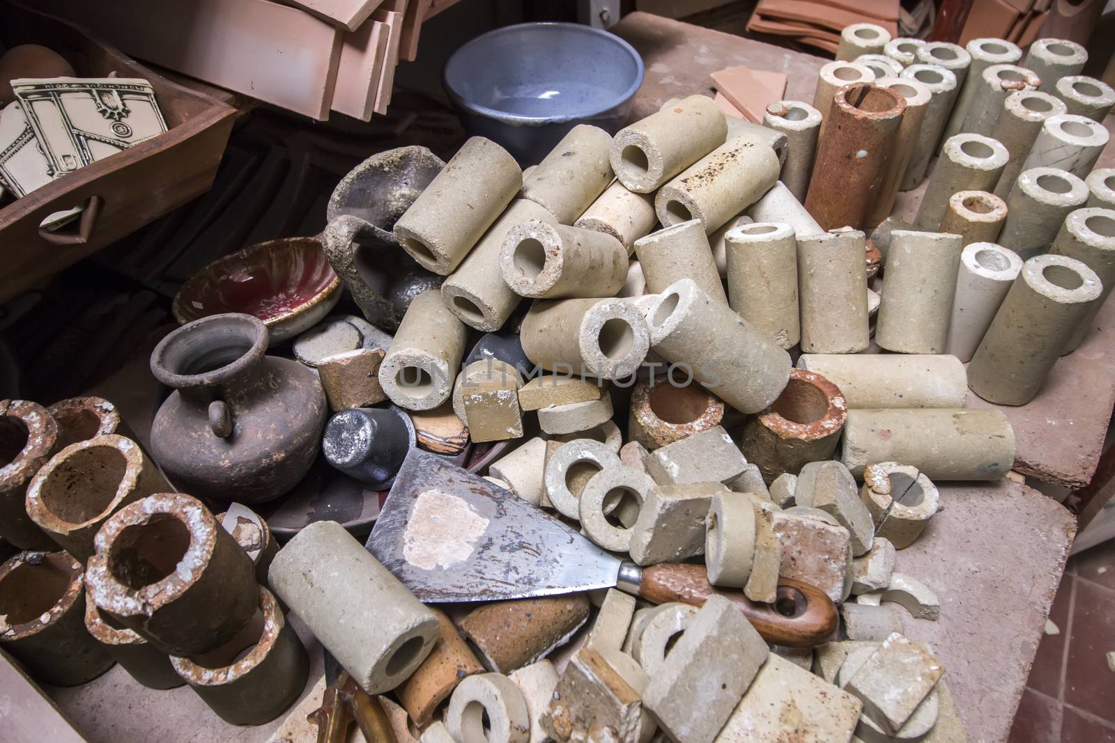 Close up view of souvenir ceramic workshop, with unfinished pieces.
