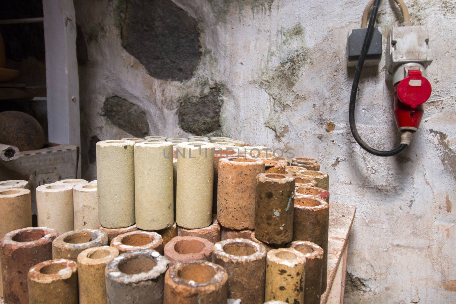Close up view of souvenir ceramic workshop, with unfinished pieces.