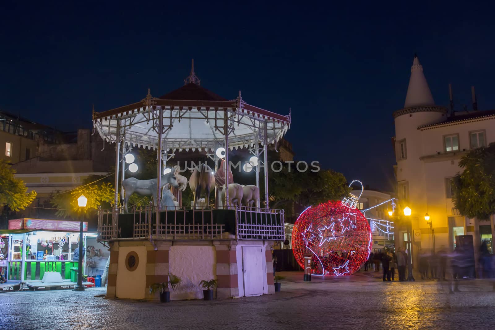 Beautiful view of a christmas ball in Faro city downtown, Portugal.