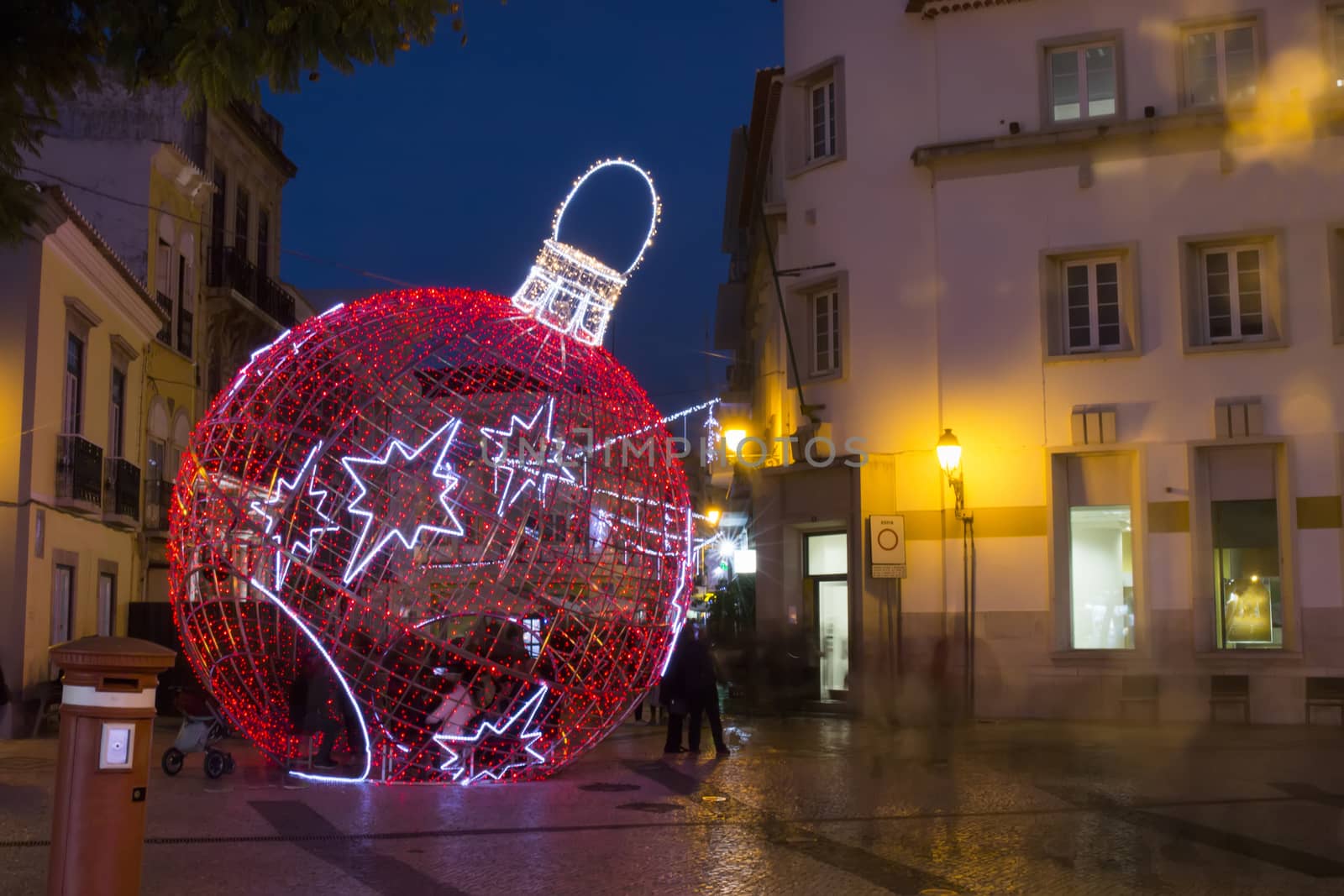 Beautiful view of a christmas ball in Faro city downtown, Portugal.
