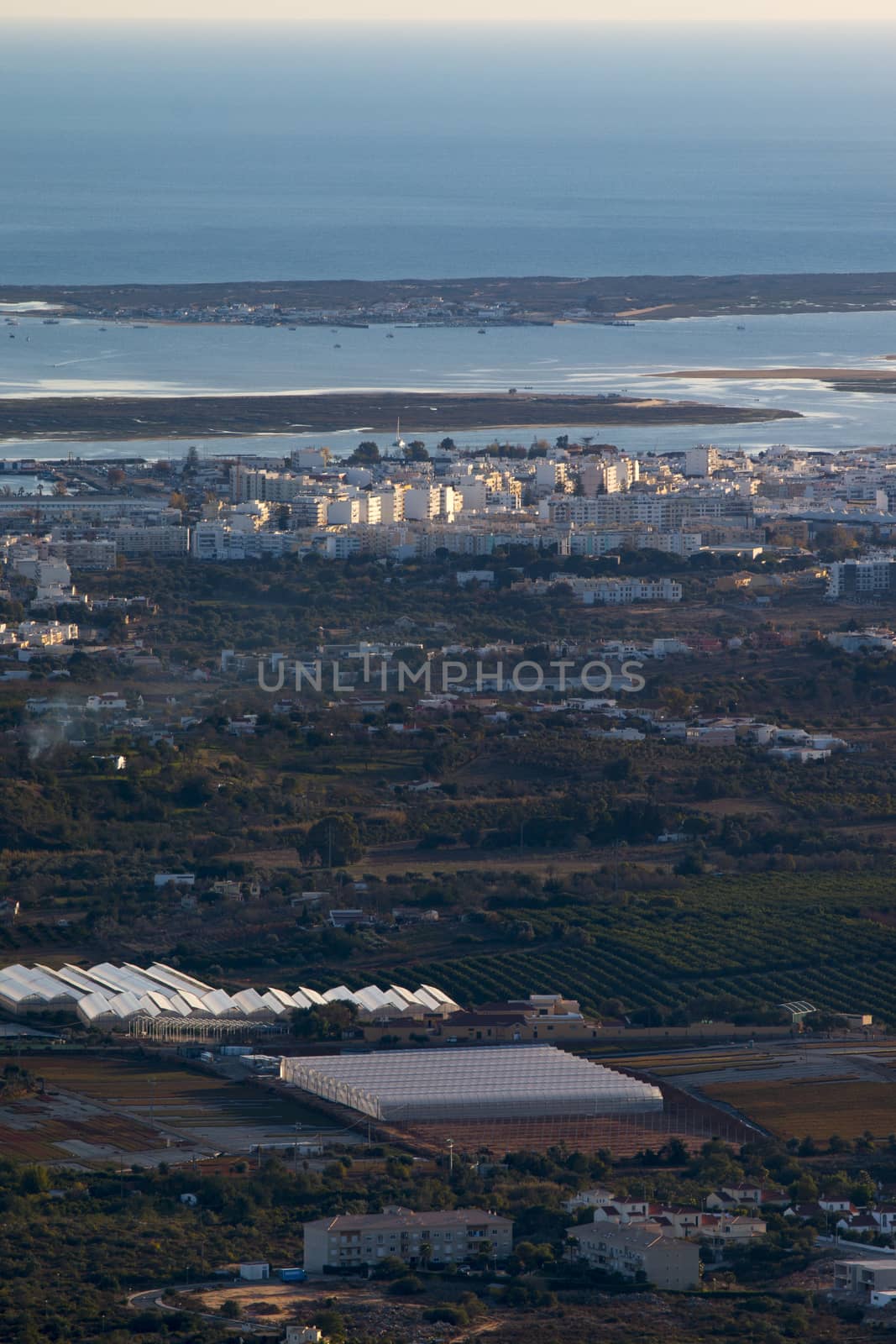Horizon view of olhao coastline viewed from a high viewpoint.