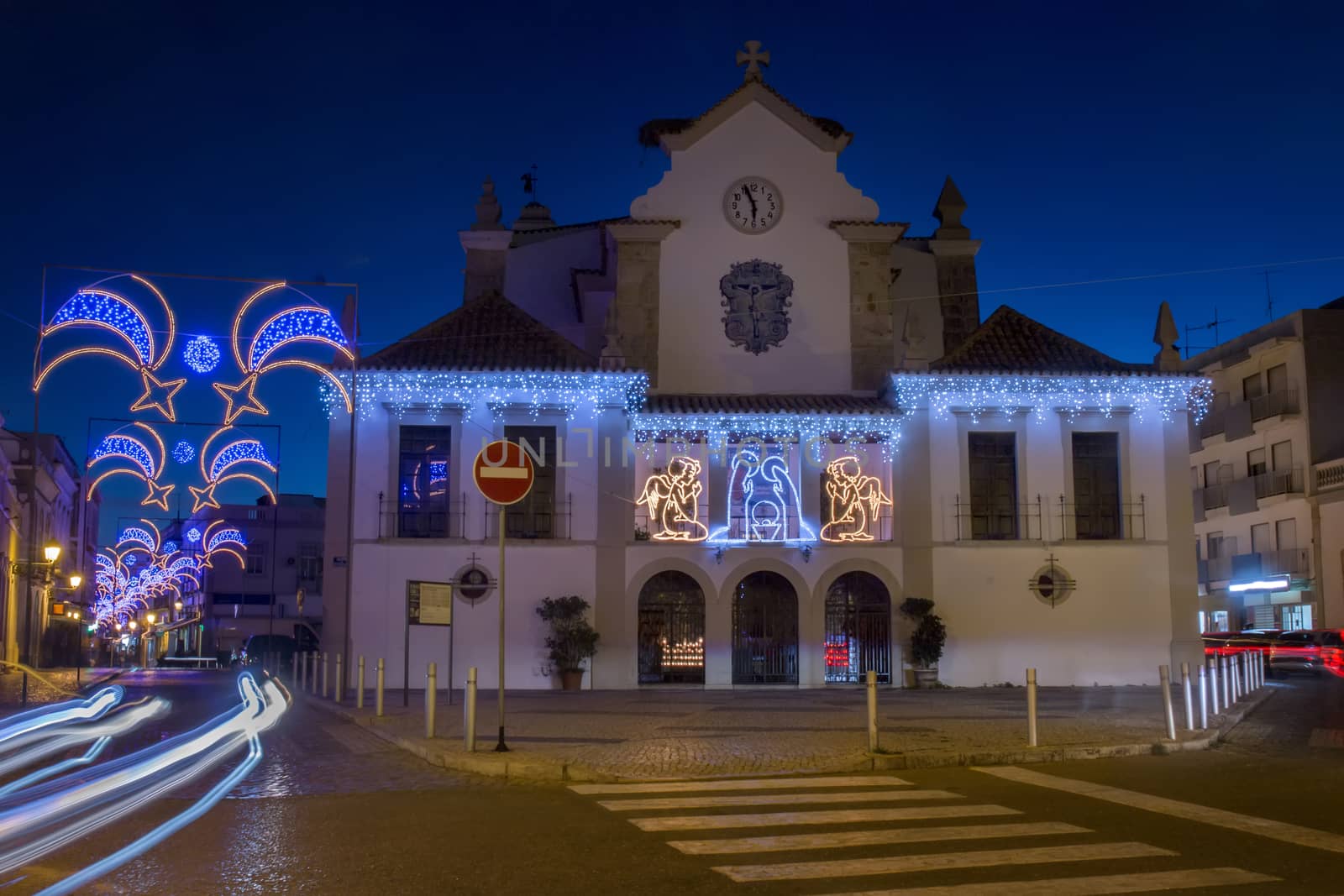 Christmas decorations in Olhao city downtown, Portugal.
