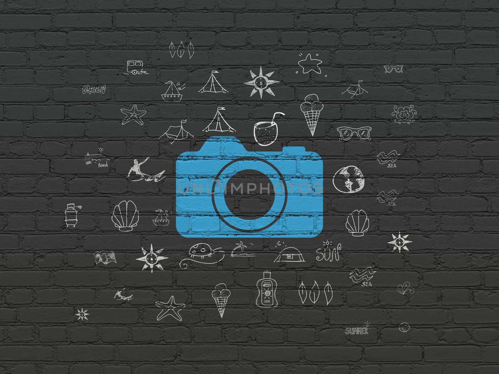 Vacation concept: Painted blue Photo Camera icon on Black Brick wall background with  Hand Drawn Vacation Icons