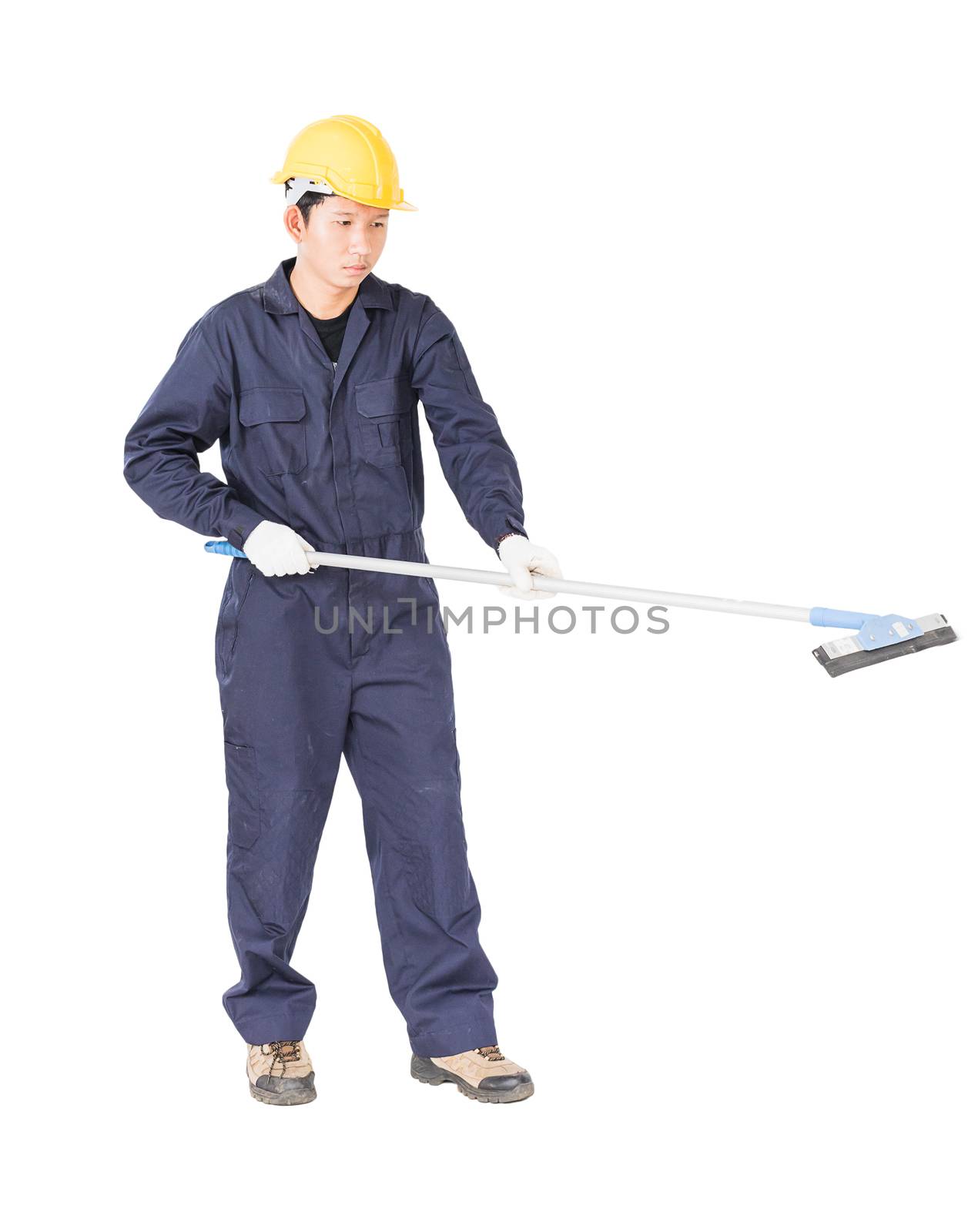 Young man in uniform hold mop for cleaning glass window, Cut out isolated on white background