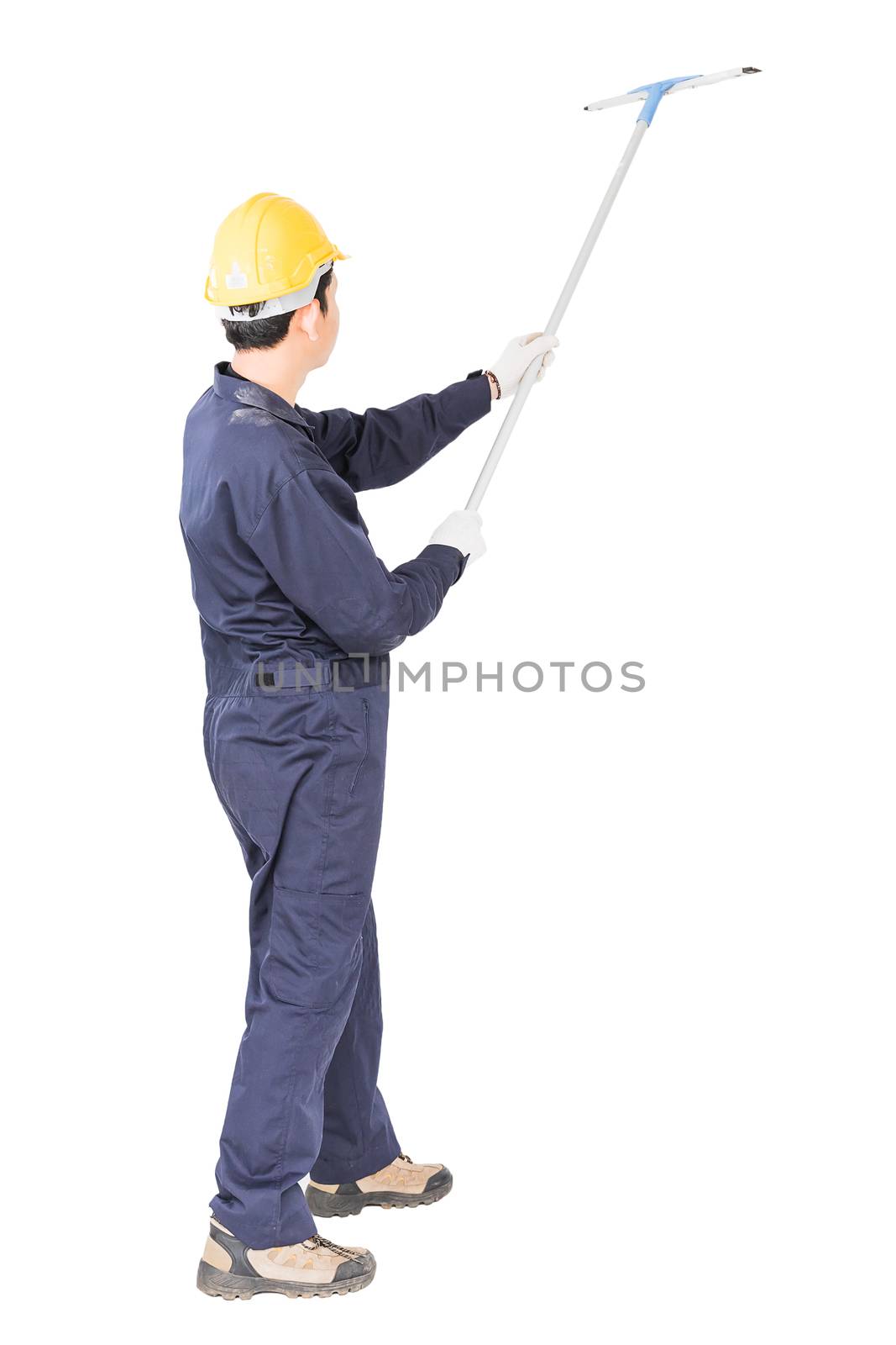 Young man in uniform hold mop for cleaning glass window, Cut out isolated on white background