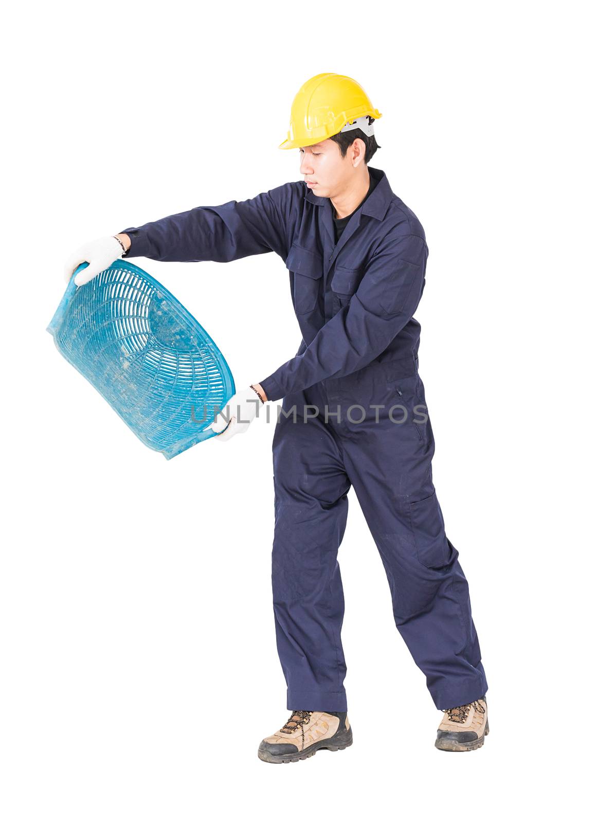 Young worker in uniform hold Hod or clam-shell shaped basket is a construction tools  ,Cut out isolated on white background