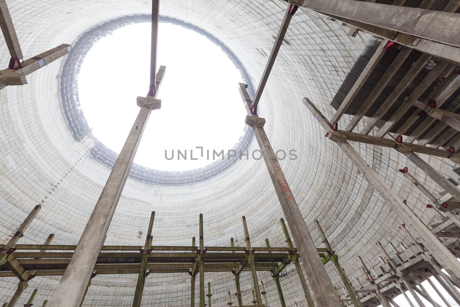 Chernobyl, Ukraine. Inside view from unfinished cooling tower of Chernobyl nuclear power plant block 5