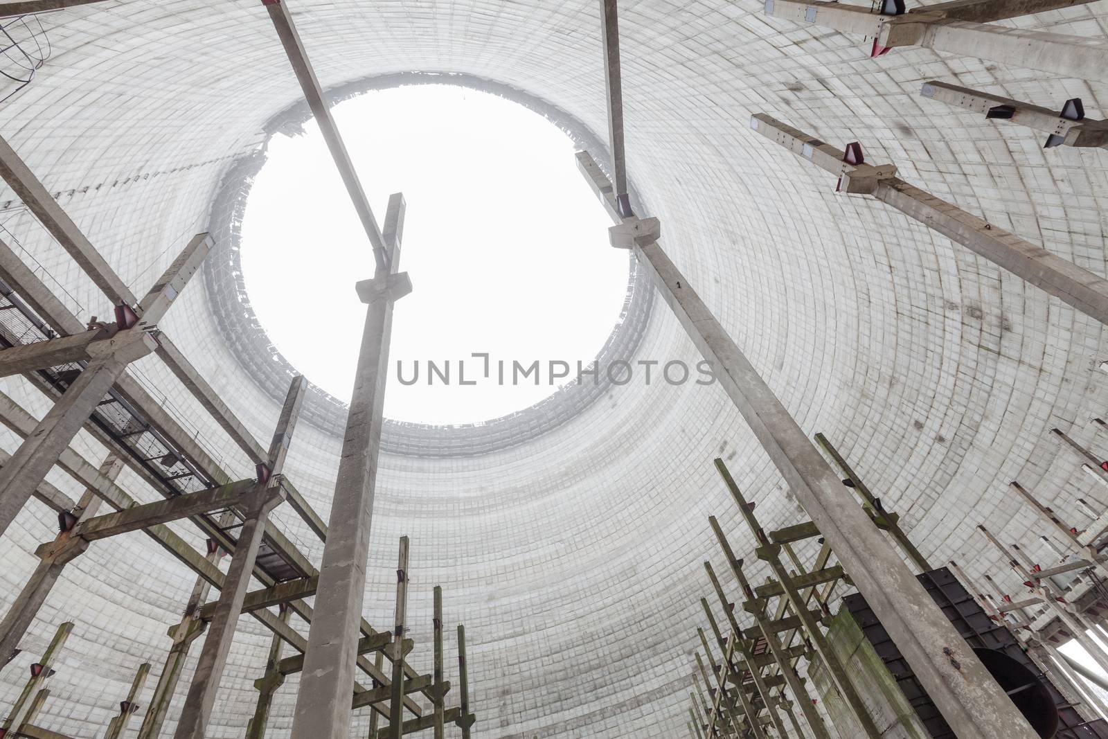 Chernobyl, Ukraine. Inside view from unfinished cooling tower of Chernobyl nuclear power plant block 5