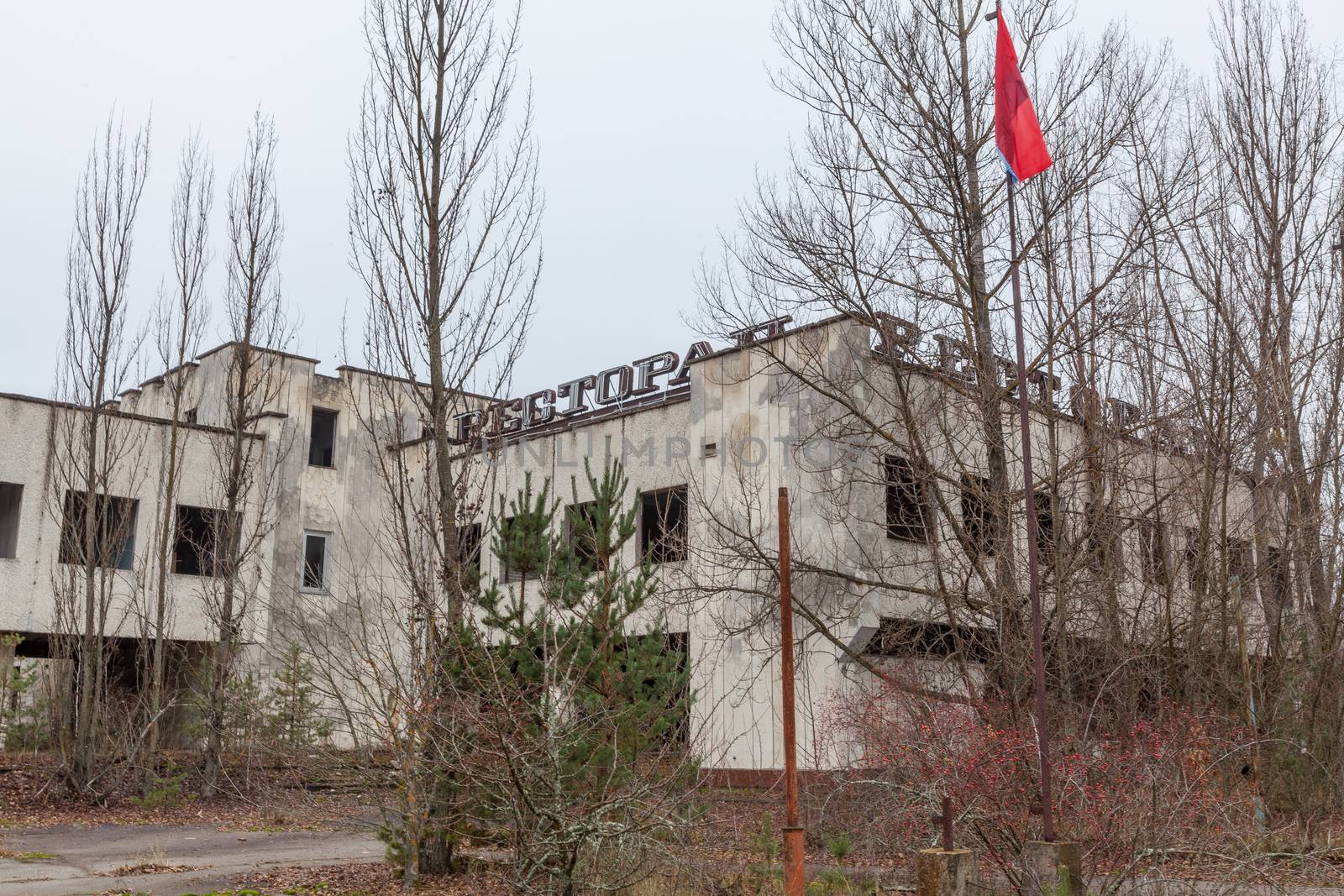 Abandoned buildings in overgrown ghost city Pripyat near Chernobyl nuclear power plant in Ukraine.