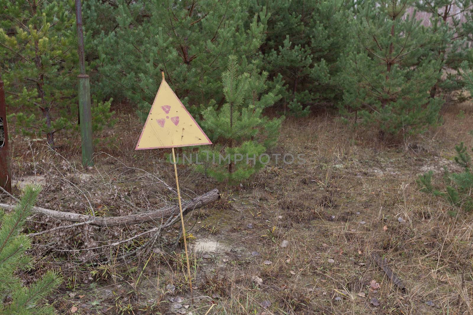 Radiation sign in forest near power plant in Chernobyl Exclusion Zone, Ukraine by igor_stramyk