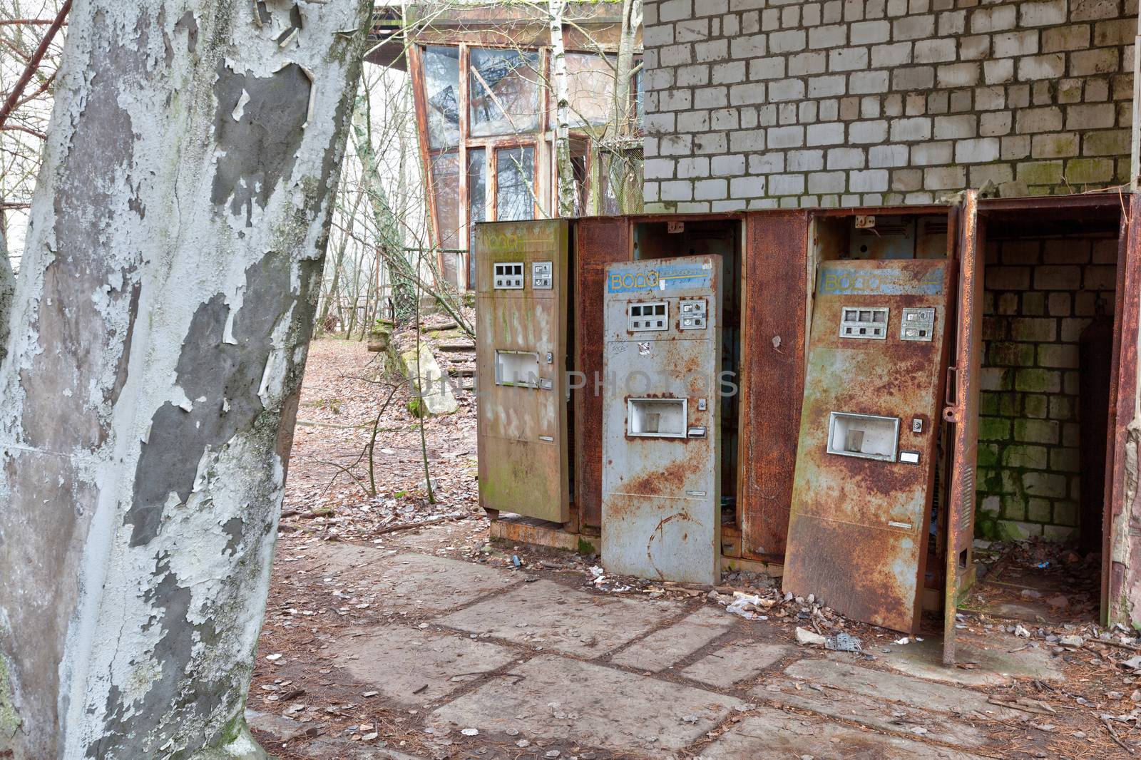 Broken rusty refreshments drinks machines in ghost city Pripyat near Chernobyl nuclear power plant in Ukraine.