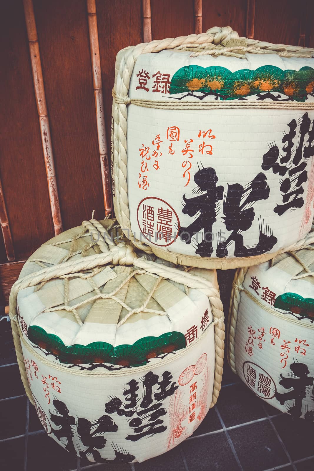 Traditional Kazaridaru barrels in Kyoto, Japan