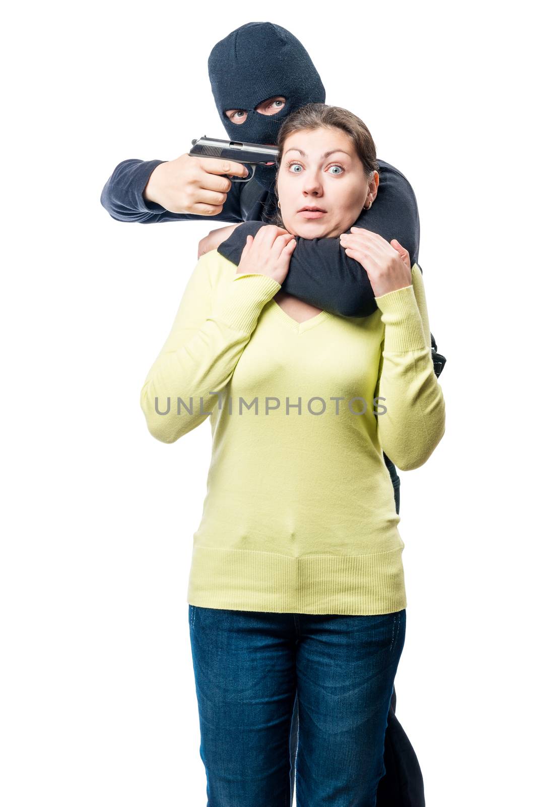 A dangerous criminal with arms and a young woman on a white background