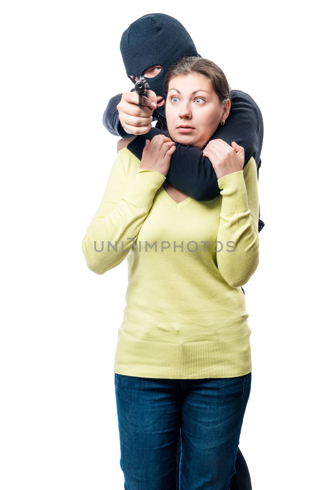 terrorist with his victim on a white background isolated by kosmsos111
