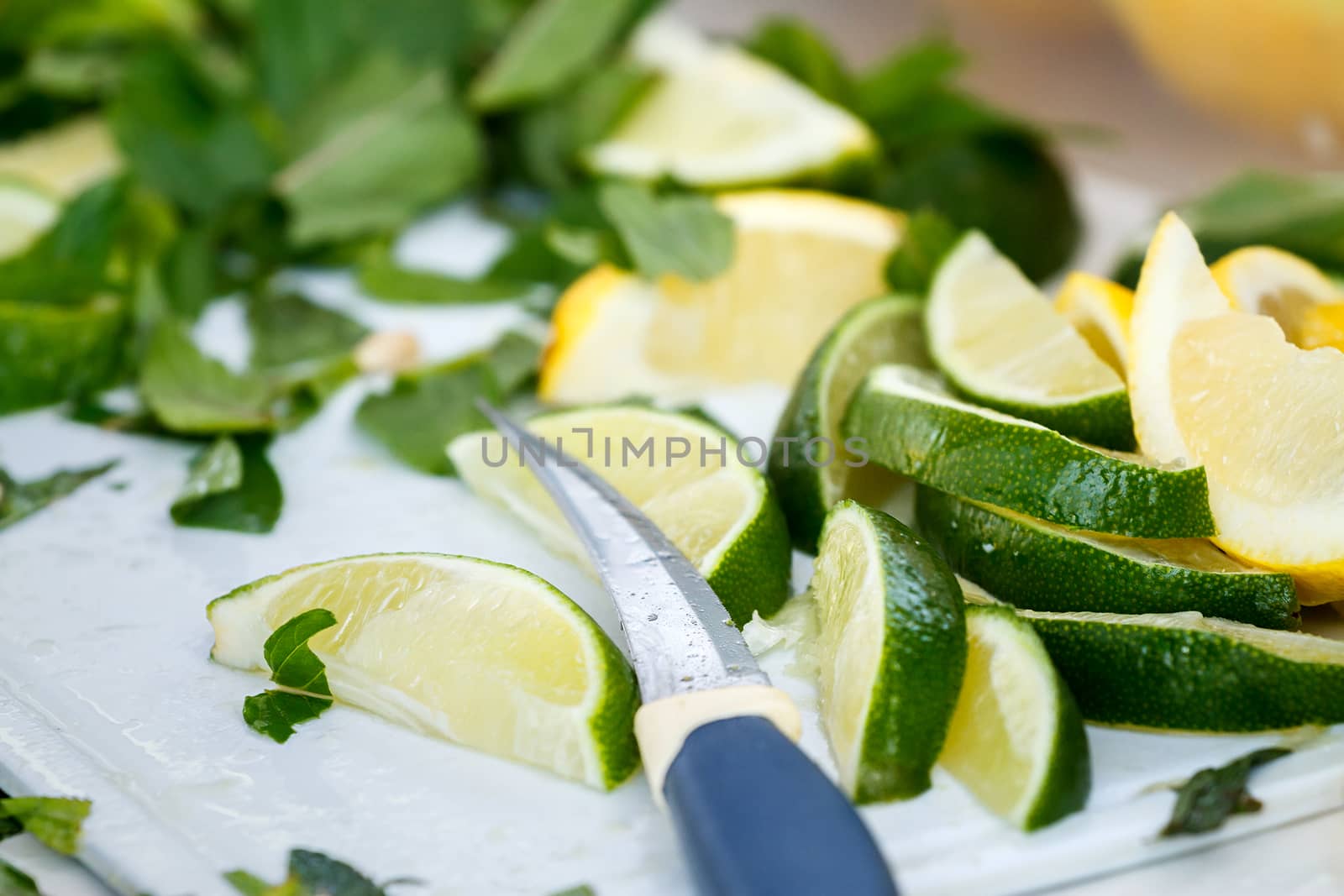 Fresh chopped ingredients for a refreshing cocktail with ice by fogen