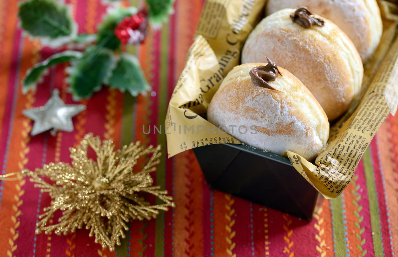 Christmas background with donuts in vintage tray