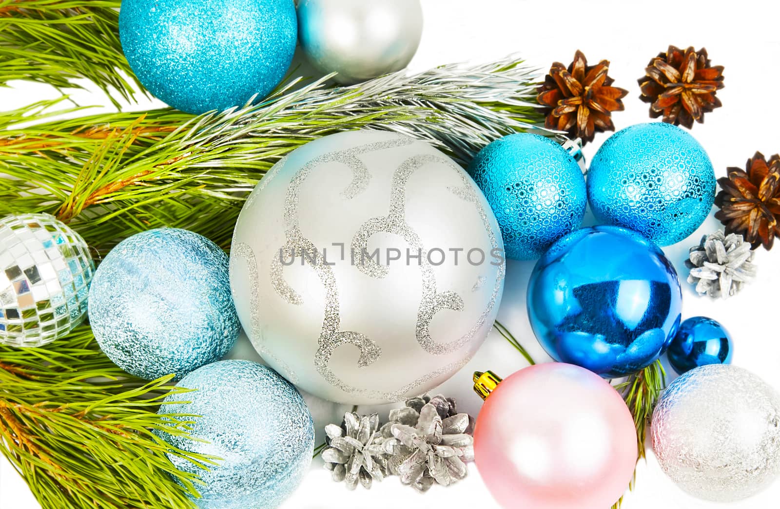New year and Christmas decorations on white background closeup