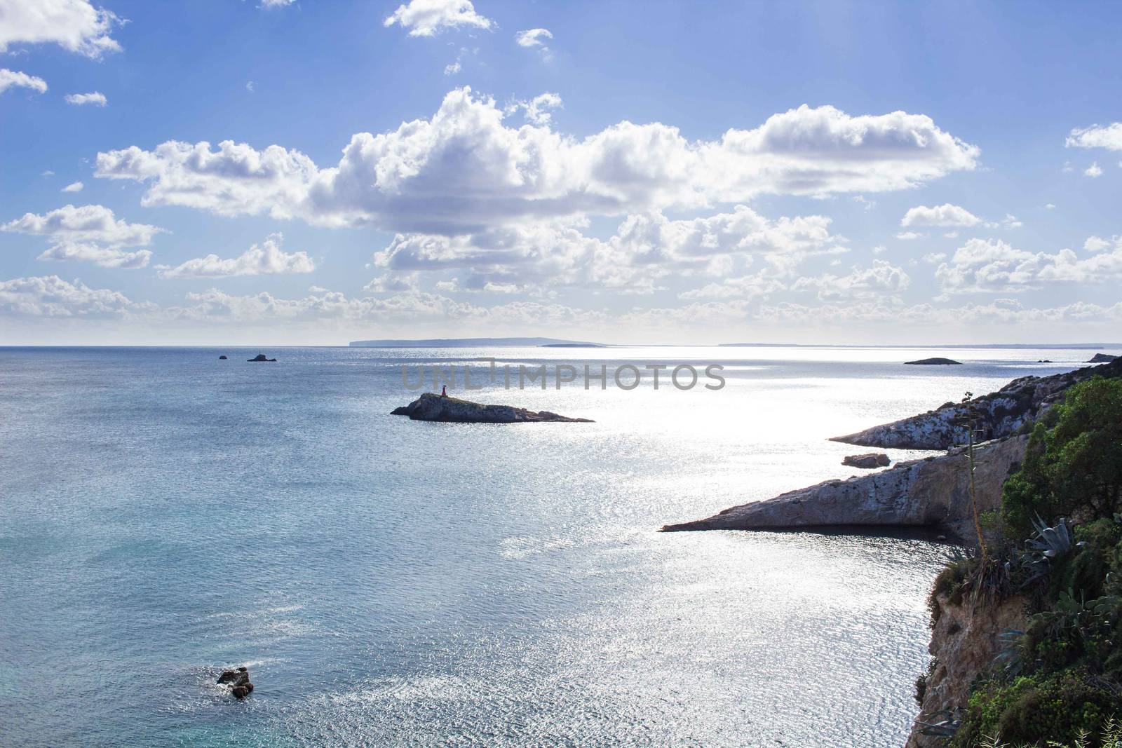 Sea view of Ibizza island from top to coastal blue waters