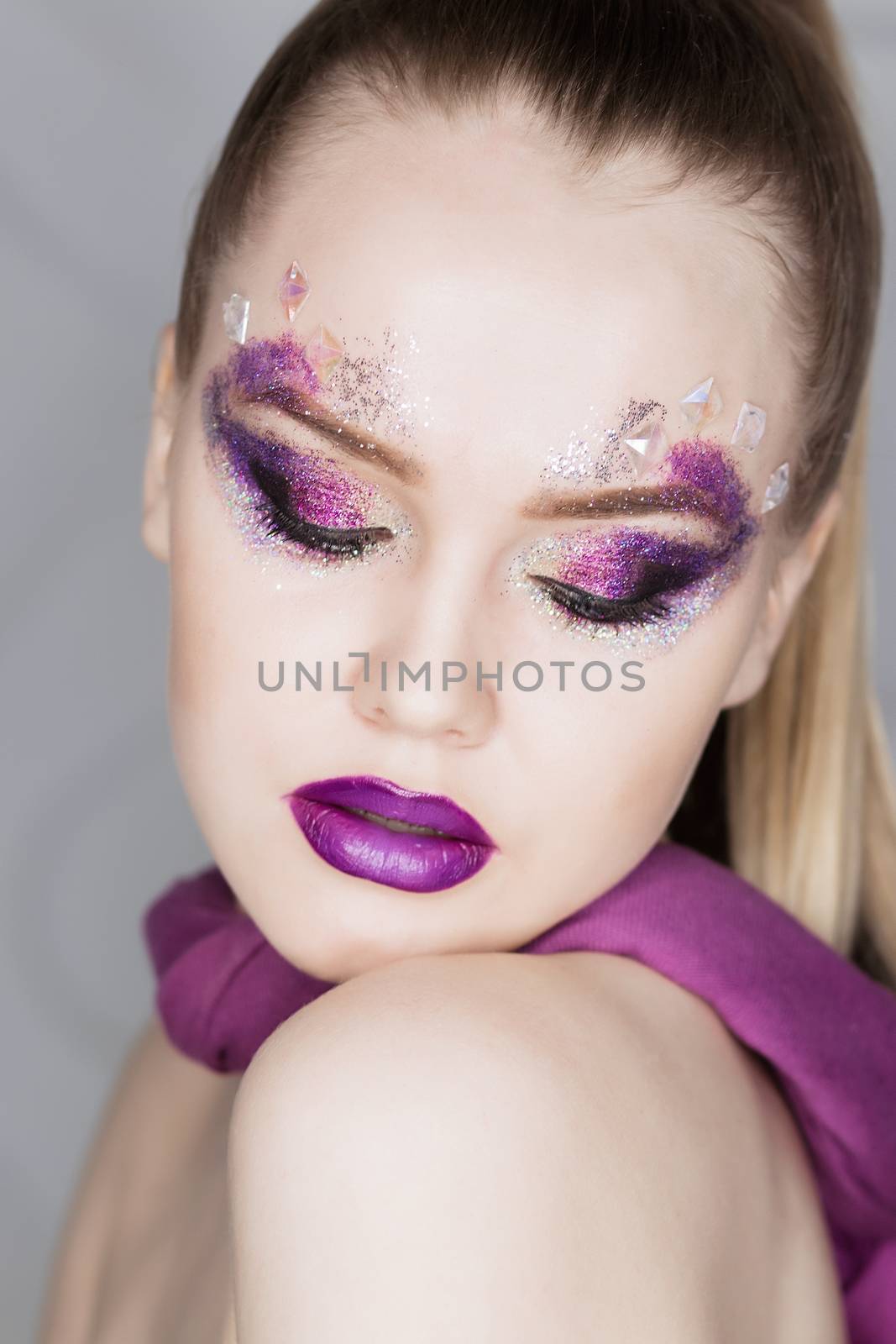 Beauty Makeup. Purple Make-up and Colorful Bright Nails. Beautiful Girl Close-up Portrait by 3KStudio