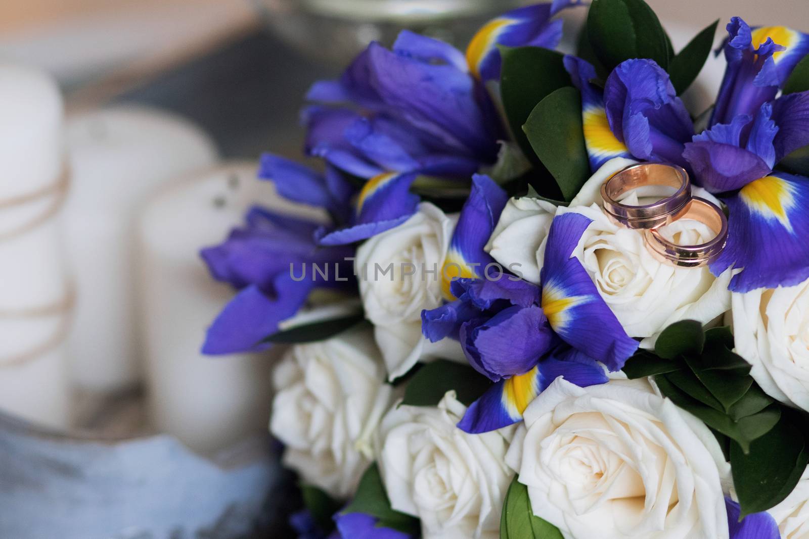 Beautiful wedding bouquet and rings. Wedding day.