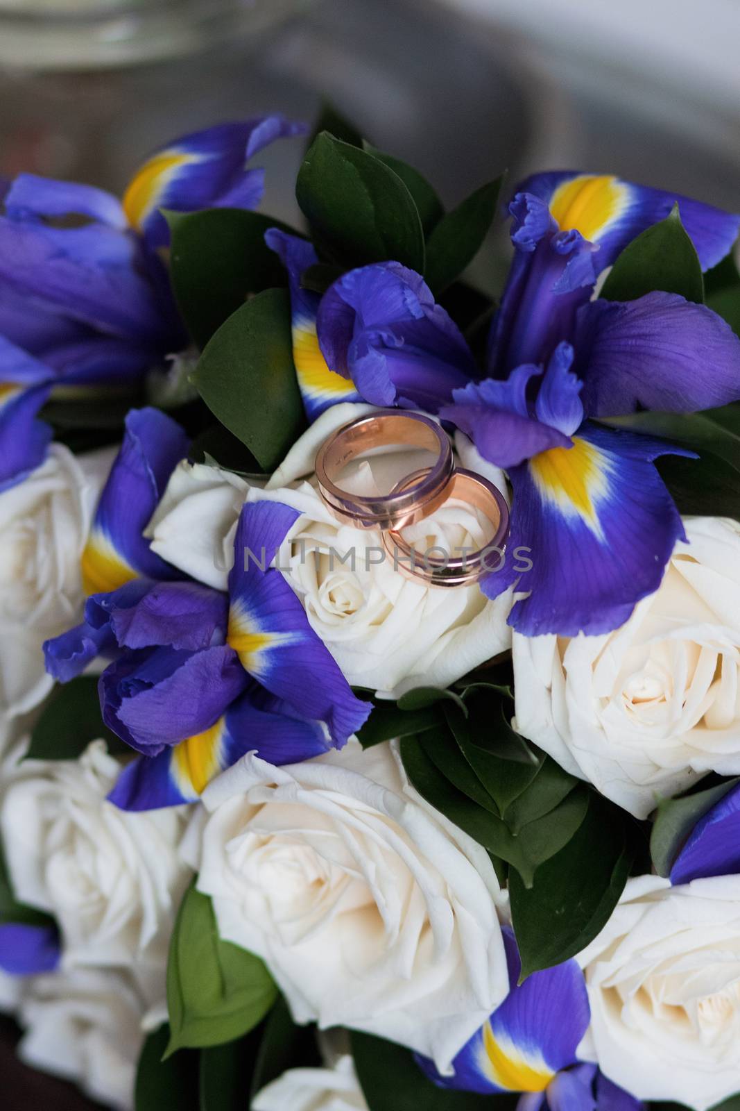 Beautiful wedding bouquet and rings. Wedding day.