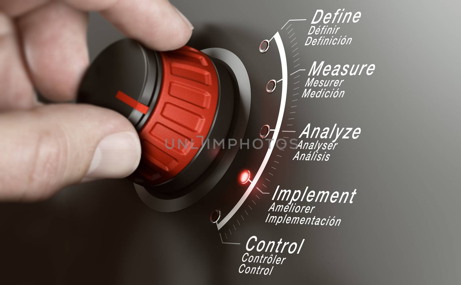 Hand turning a DMAIC knob over grey background and selecting the different phases. Lean management training concept. Composite image between a hand photography and a 3D background.