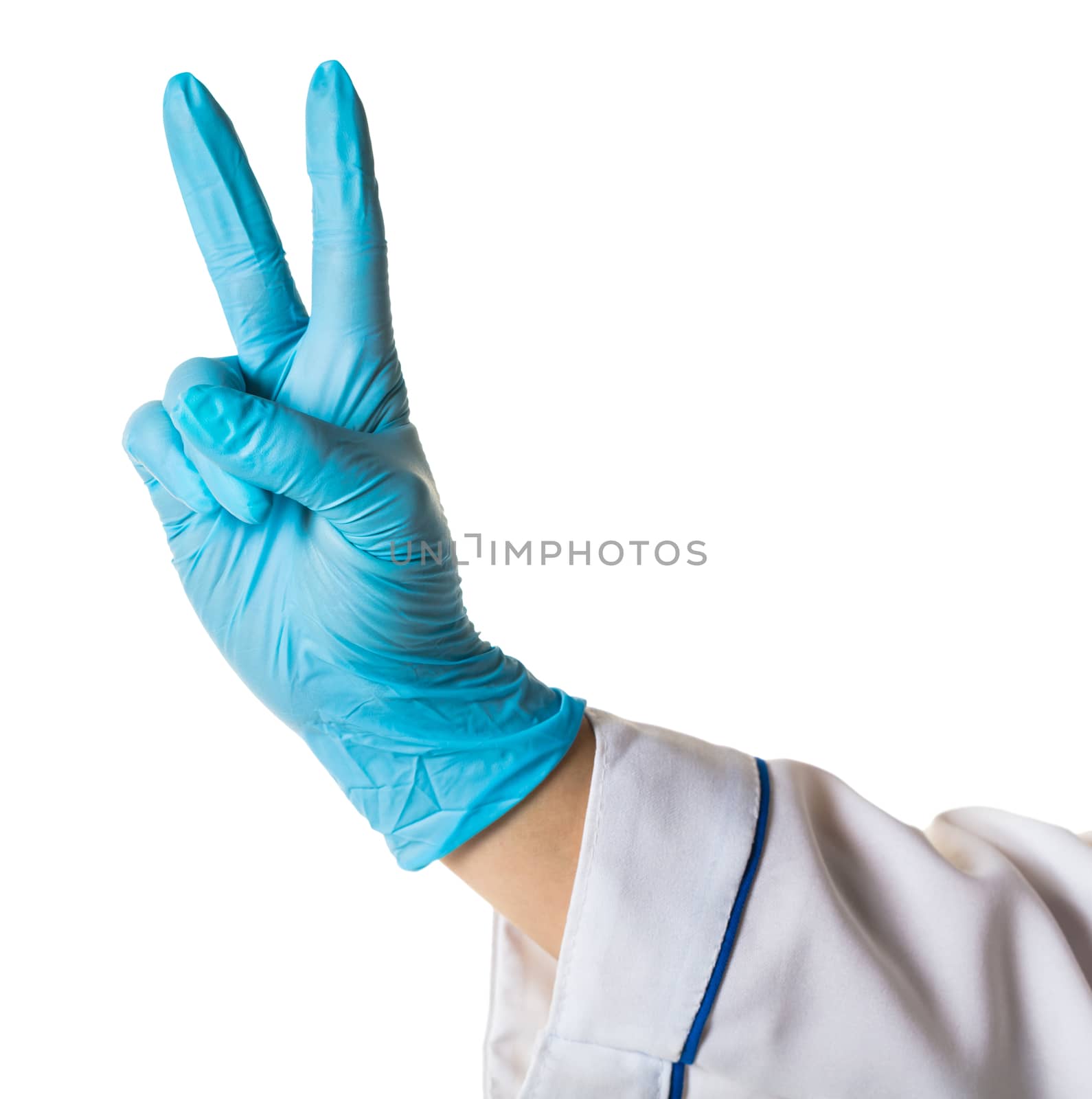 Hand female in blue glove isolated on white showing two fingers.