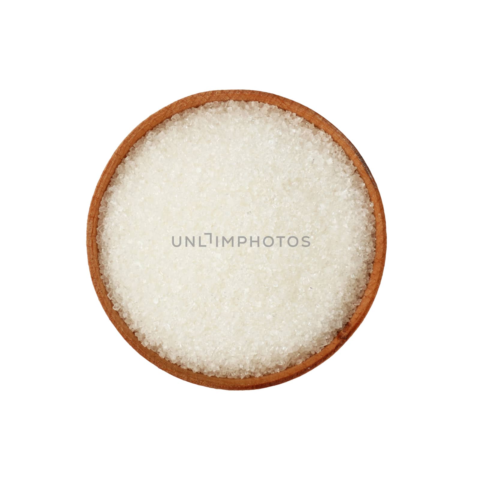 Close up one wooden bowl full of white sugar isolated on white background, elevated top view, directly above