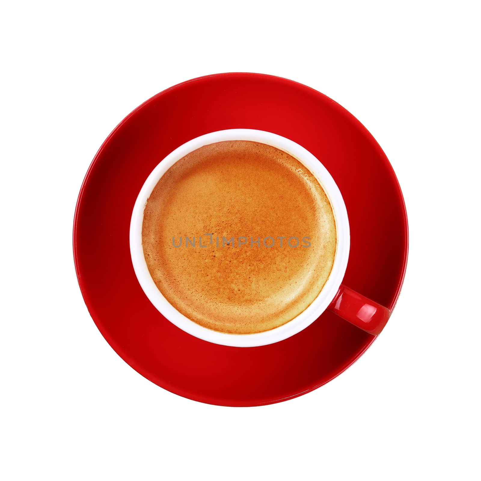 Full cup of espresso coffee in red cup on white by BreakingTheWalls