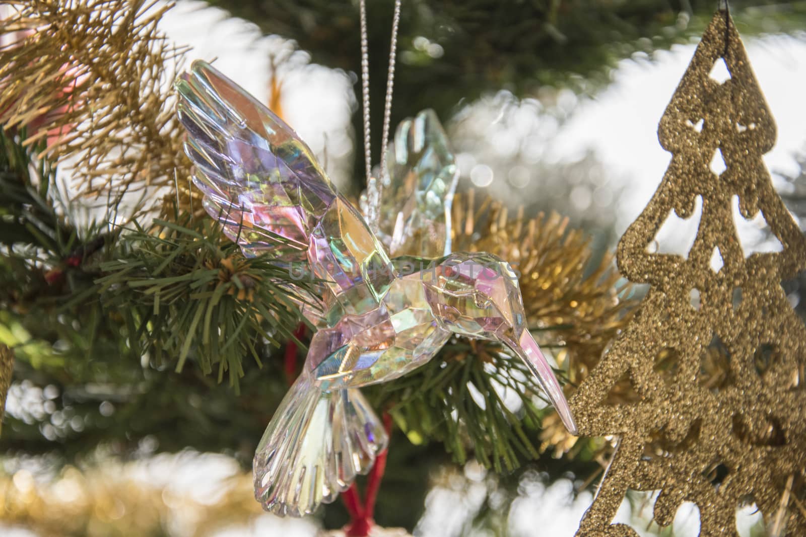  Glass humming bird ornament on christmas tree. Beautiful holiday photo. 
