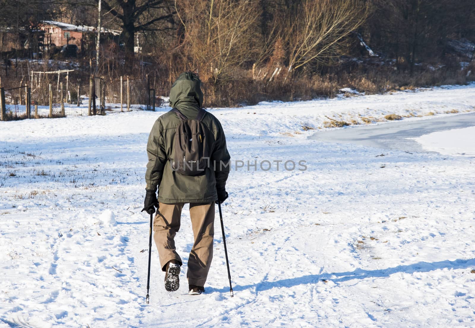 men with trekking poles on a lonely winter expedition photo