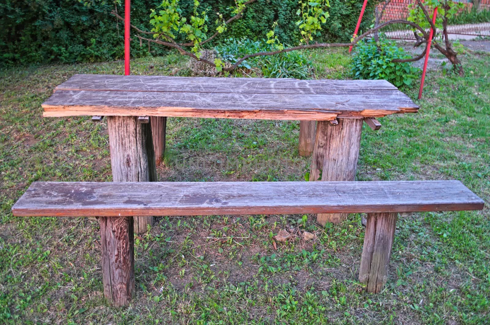 Wooden table and benches in yard by sheriffkule